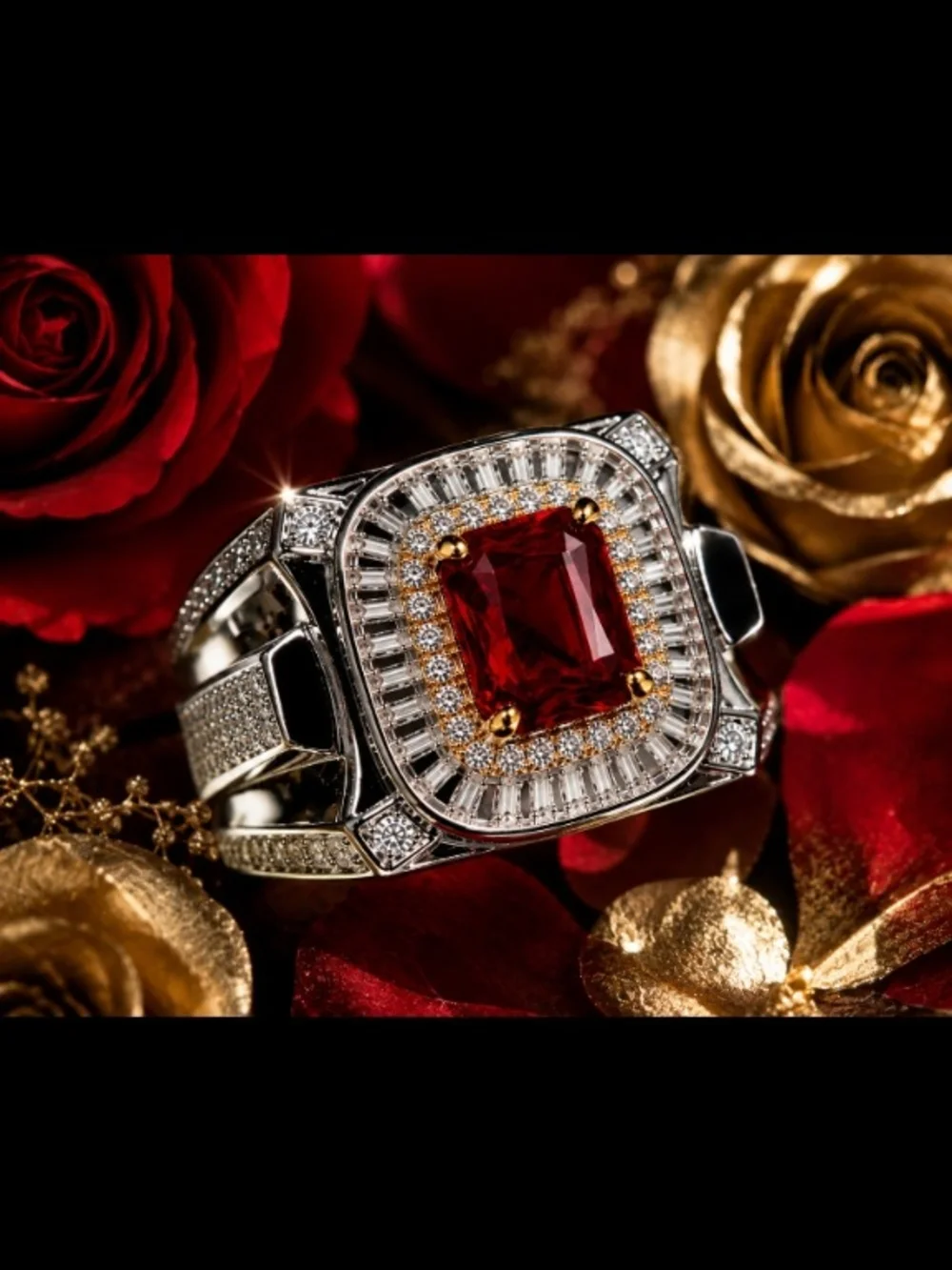 Mens Ring Size 8 Silver Tone With Red Emerald Cut & Cz Crystals